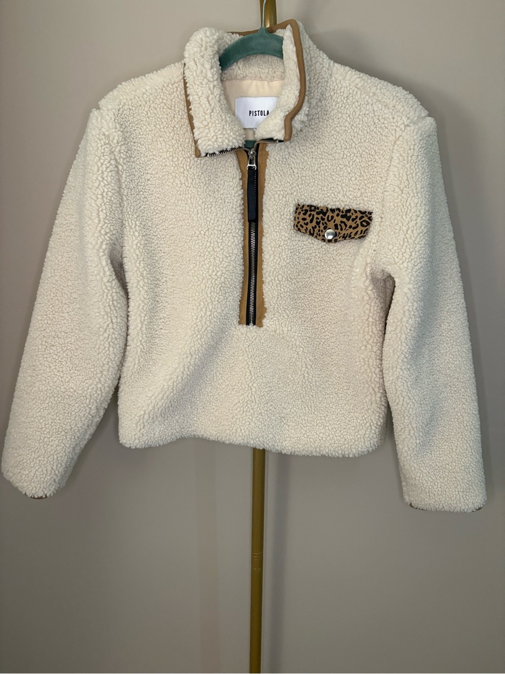 Pistola Zoey Cream Sherpa Pullover Jacket with Leopard Pocket